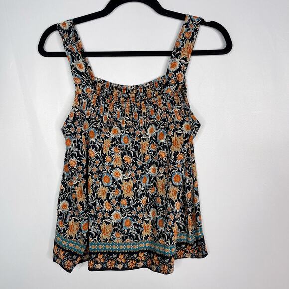 Evereve XSmall XS Black Orange Floral Swing Tank Top Square Neck Printed Smocked - Picture 2 of 9